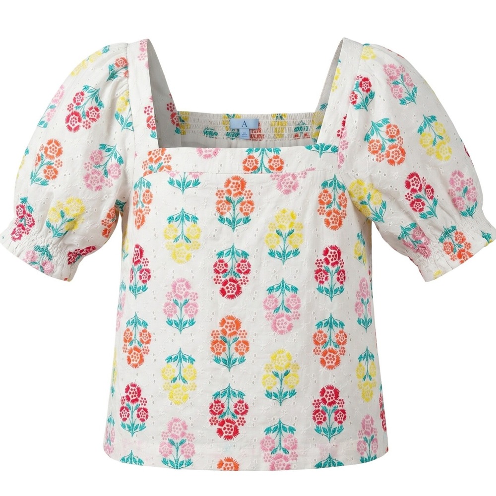 Draper James White Eyelet Puff-Sleeve Floral Blouse